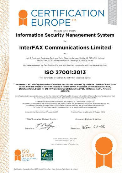 InterFAX ISO 27001 certification from Certification Europe